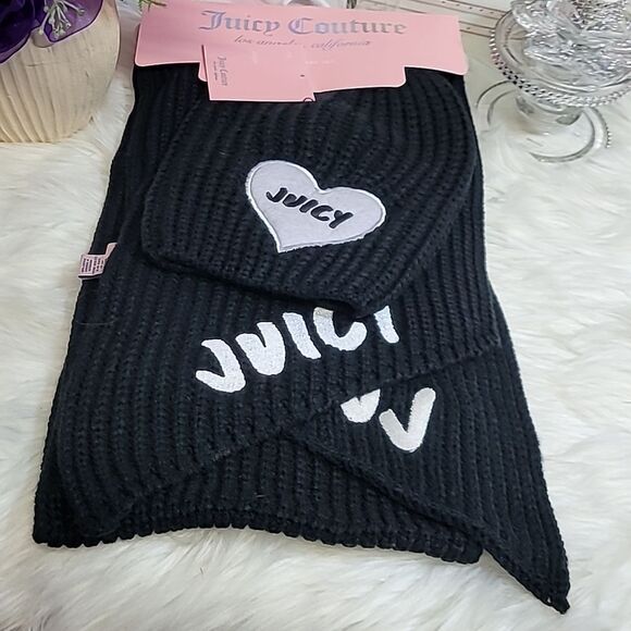 902 JUICY COUTURE BLACK SCARF & BEANIE SET NWT - Picture 3 of 7